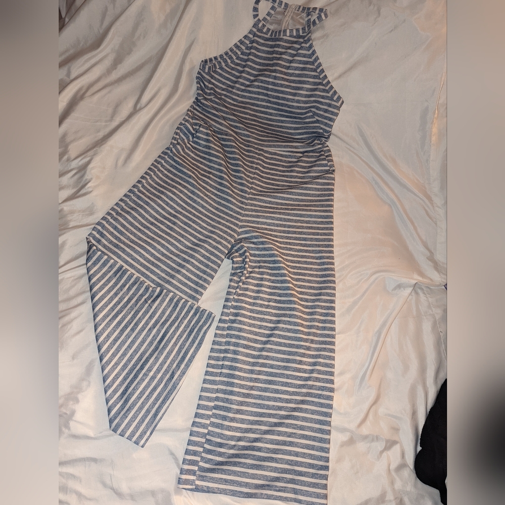 Light blue Capri halter jumpsuit with white stripes